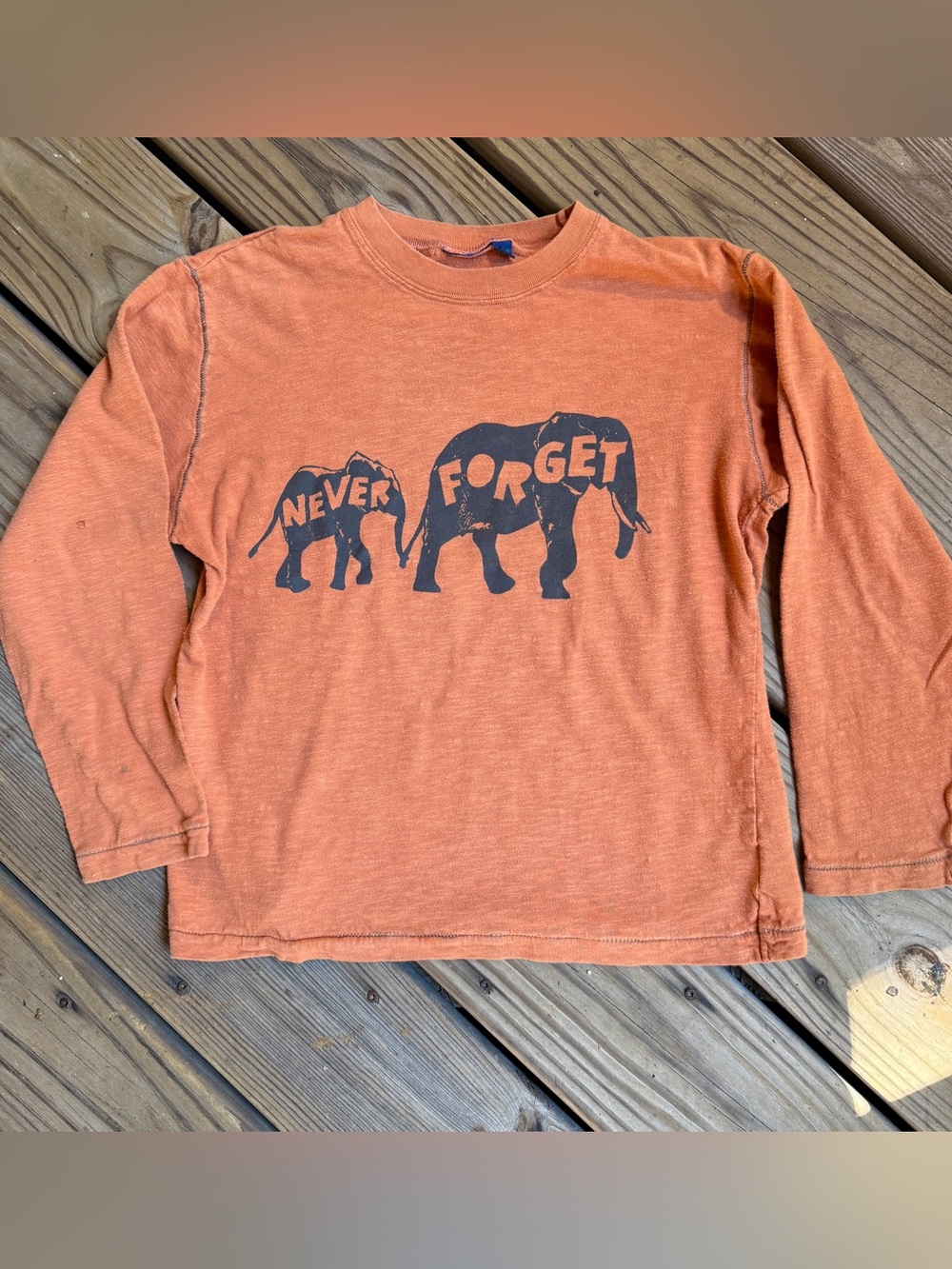 Mini Boden Elephant Never Forget Long Sleeve Graphic T-Shirt Orange Size 9/10Y